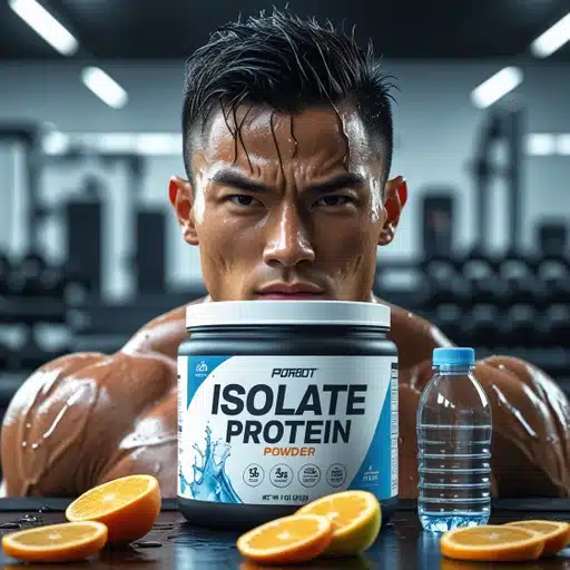 Isolate protein powder in a scoop, highlighting its benefits for muscle recovery, reduced soreness, and enhanced post-workout repair