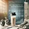 Image illustrating the best times to take isolate protein for workout results, featuring a protein shaker and gym gear in a fitness setting.