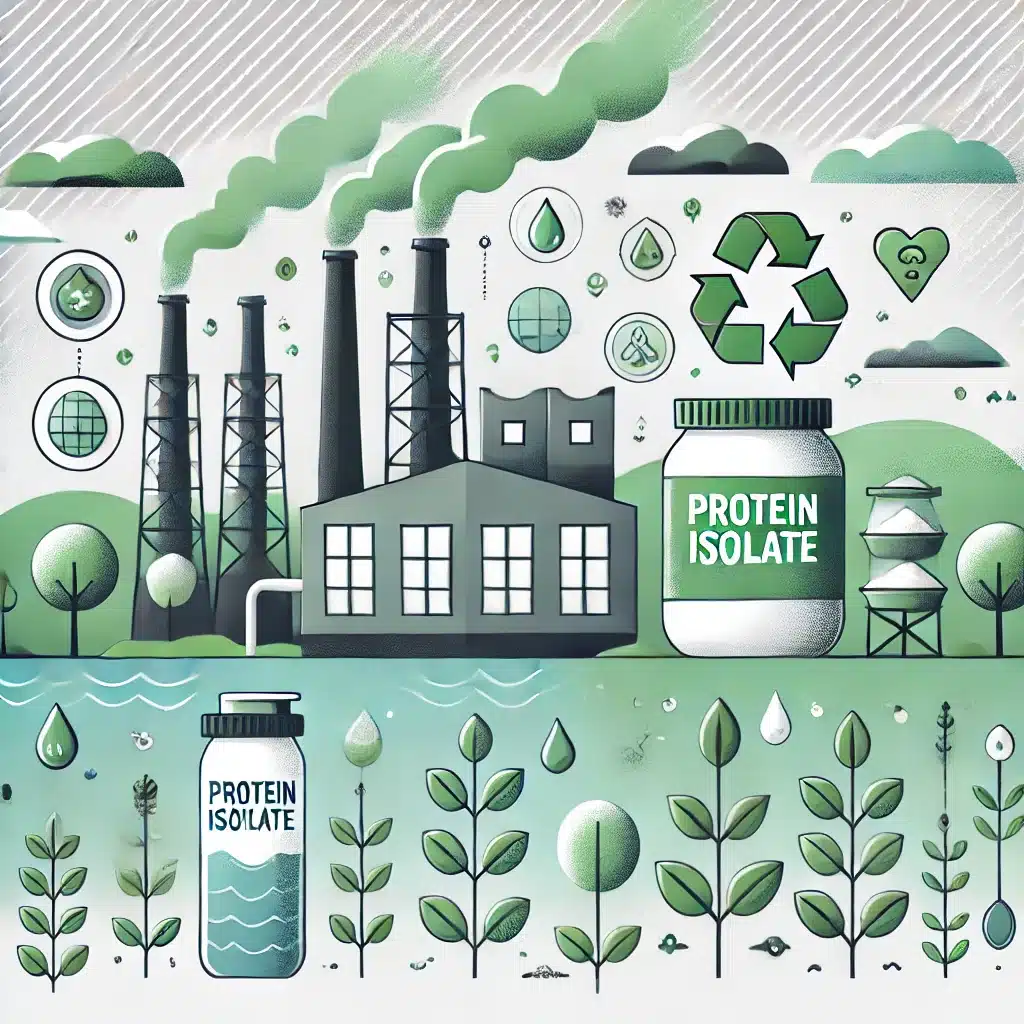 Sustainable isolate protein production process highlighting eco-friendly practices and reducing environmental impact.