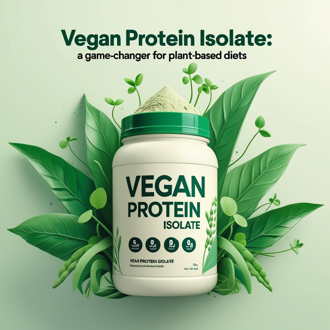 Vegan protein isolate powder in a scoop with fresh ingredients like peas, rice, and soy, symbolizing plant-based nutrition benefits