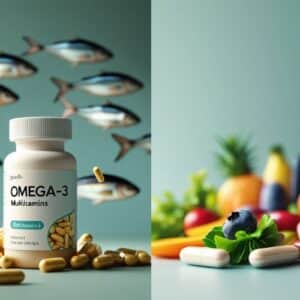 Transparent omega-3 fish oil capsules in a spoon Omega-3 vs Multivitamins Benefits